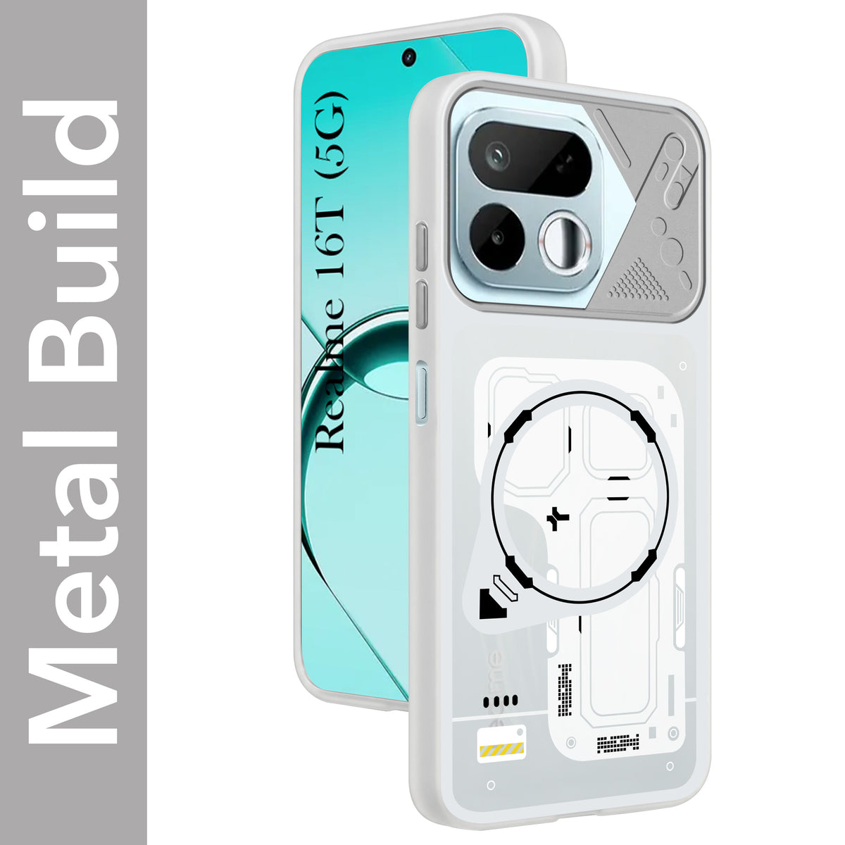 For Realme 16T 5G Metallic Back Cover Case (Metallic Camera Protection & Buttons | Translucent Milky Shade | Hard Polycarbonate)