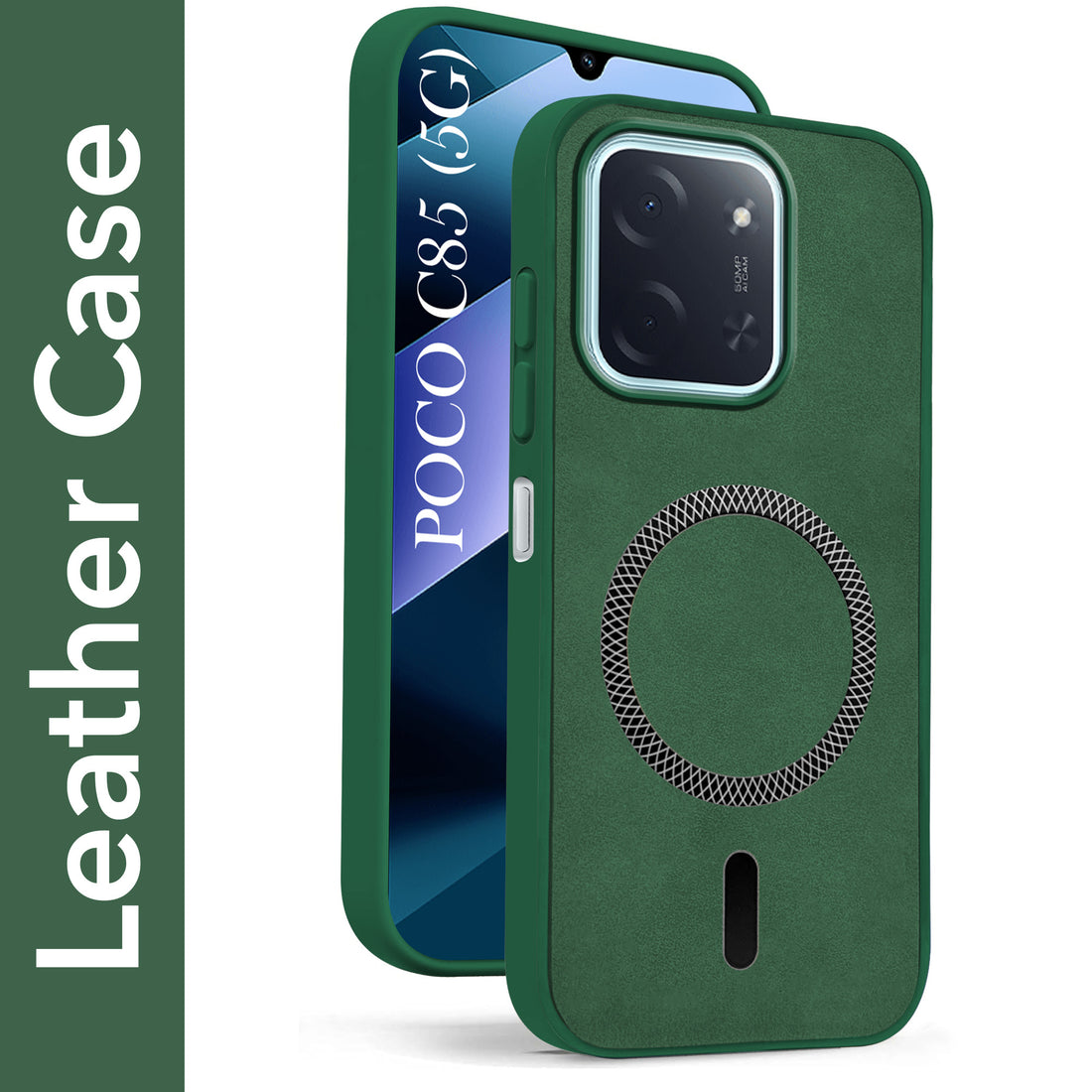 For Poco C85 5G Back Cover Case Leather Finish  (MagSafe Compatible Wireless Charging | Soft Touch | Camera Bump Protection)