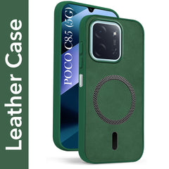 For Poco C85 5G Back Cover Case Leather Finish  (MagSafe Compatible Wireless Charging | Soft Touch | Camera Bump Protection)