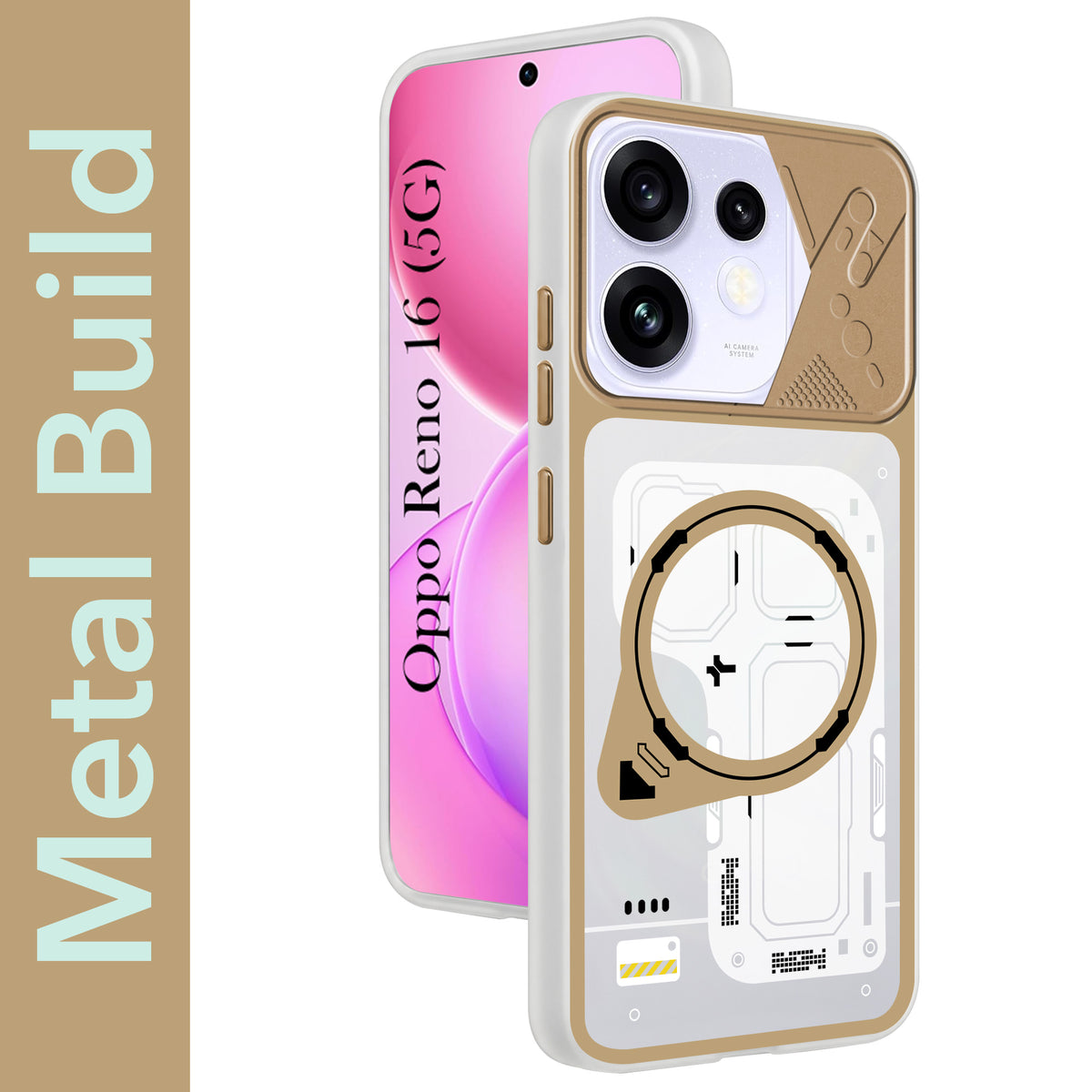 For Oppo Reno 16 Metallic Back Cover Case (Metallic Camera Protection & Buttons | Translucent Milky Shade | Hard Polycarbonate)