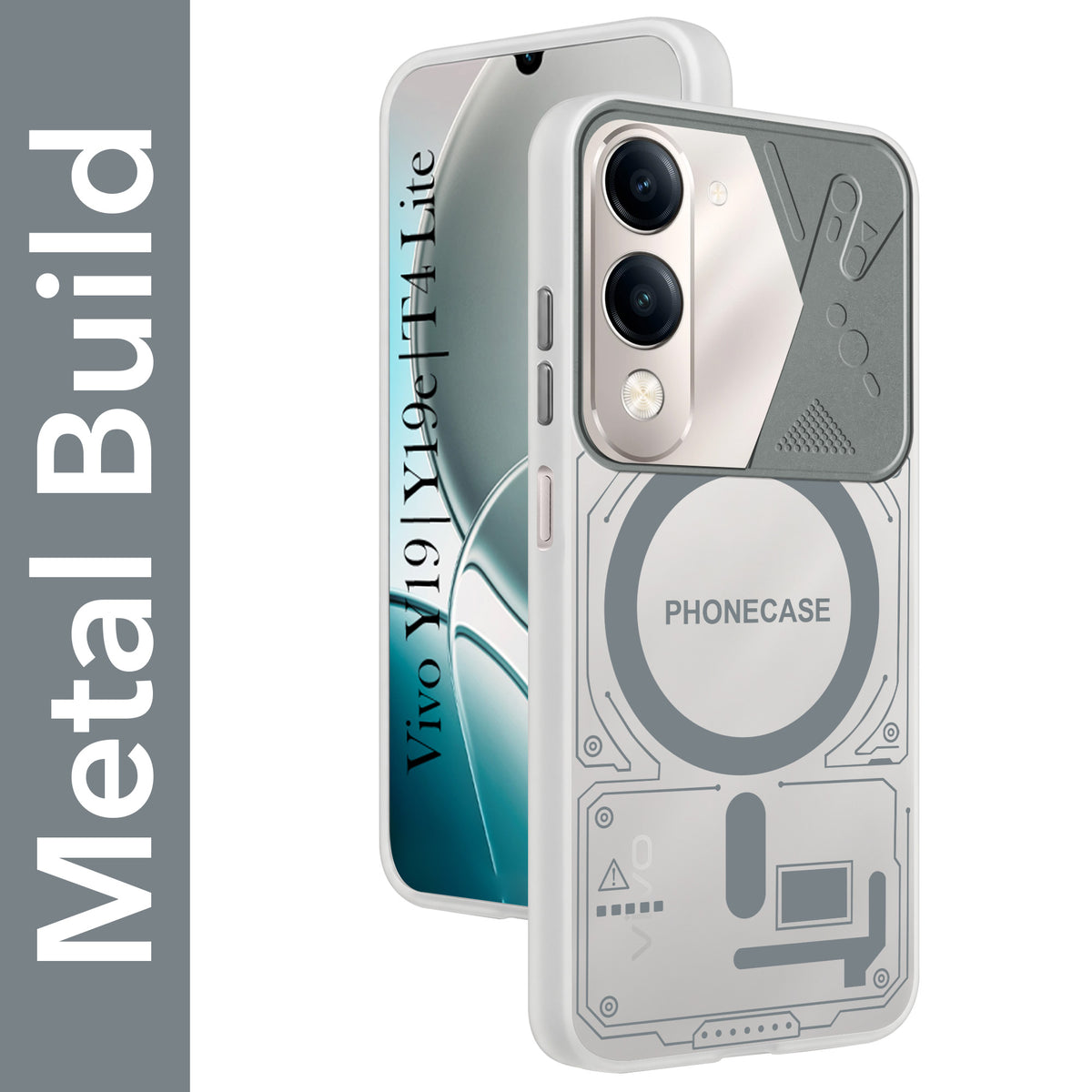For Vivo Y19 | Vivo Y19e | Vivo T4 Lite Metallic Back Cover Case (Metallic Camera Protection & Buttons | Translucent Milky Shade | Hard Polycarbonate)