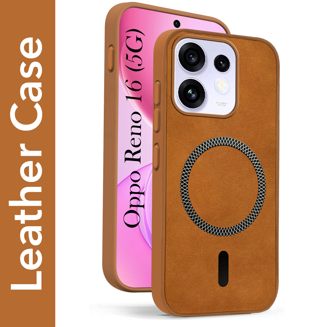 For Oppo Reno 16 Back Cover Case Leather Finish (MagSafe Compatible Wireless Charging | Soft Touch | Camera Bump Protection)