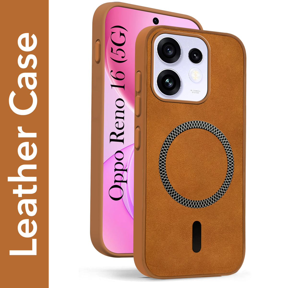 For Oppo Reno 16 Back Cover Case Leather Finish (MagSafe Compatible Wireless Charging | Soft Touch | Camera Bump Protection)