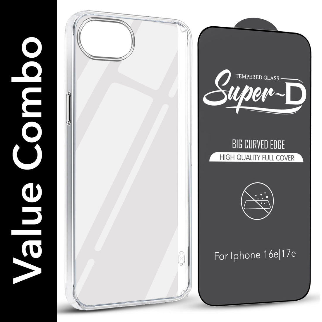For Apple iPhone 16e | iPhone 17e Combo with Back Cover and 9H Tempered Glass (Lifetime Anti-Yellow | Sleek Hard Crystal | Oleophobic Coating Screen Glass)