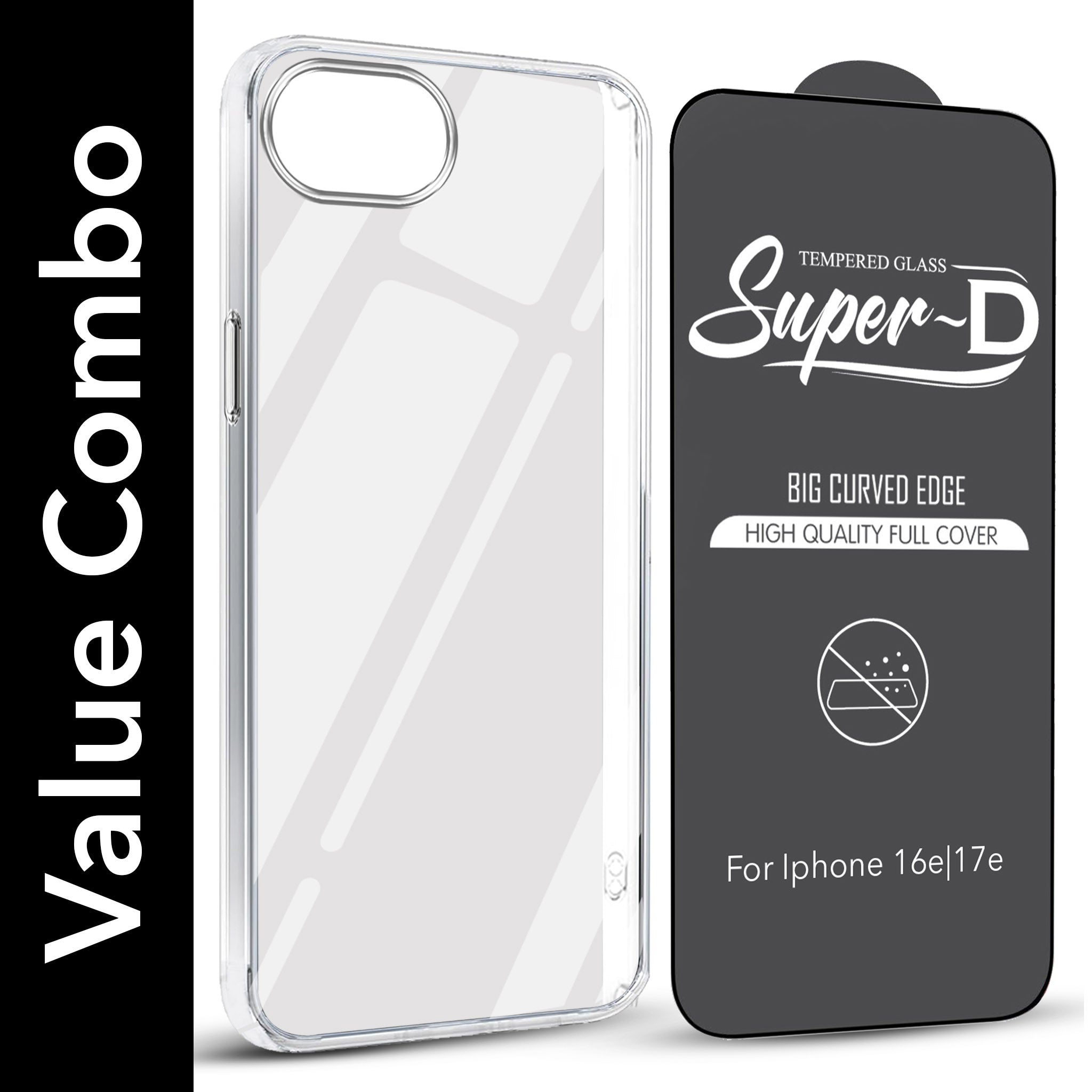For Apple iPhone 16e | iPhone 17e Combo with Back Cover and 9H Tempered Glass (Lifetime Anti-Yellow | Sleek Hard Crystal | Oleophobic Coating Screen Glass)
