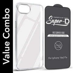 For Apple iPhone 16e | iPhone 17e Combo with Back Cover and 9H Tempered Glass (Lifetime Anti-Yellow | Sleek Hard Crystal | Oleophobic Coating Screen Glass)