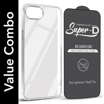 For Apple iPhone 16e | iPhone 17e Combo with Back Cover and 9H Tempered Glass (Lifetime Anti-Yellow | Sleek Hard Crystal | Oleophobic Coating Screen Glass)