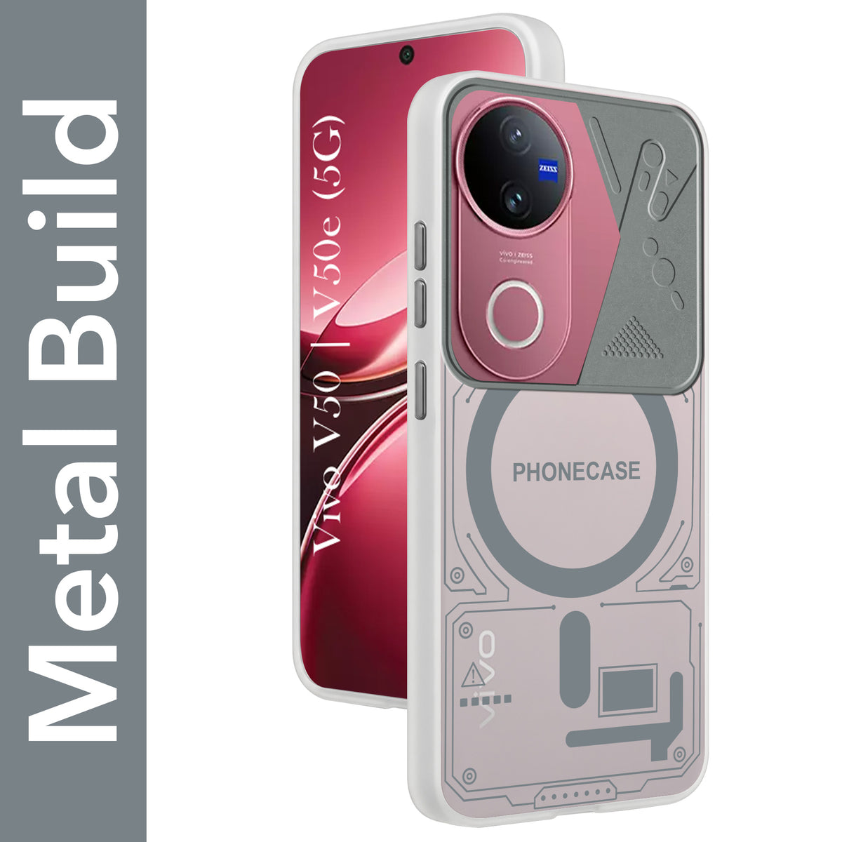 For Vivo V50 | Vivo V50e Metallic Back Cover Case (Metallic Camera Protection & Buttons | Translucent Milky Shade | Hard Polycarbonate)