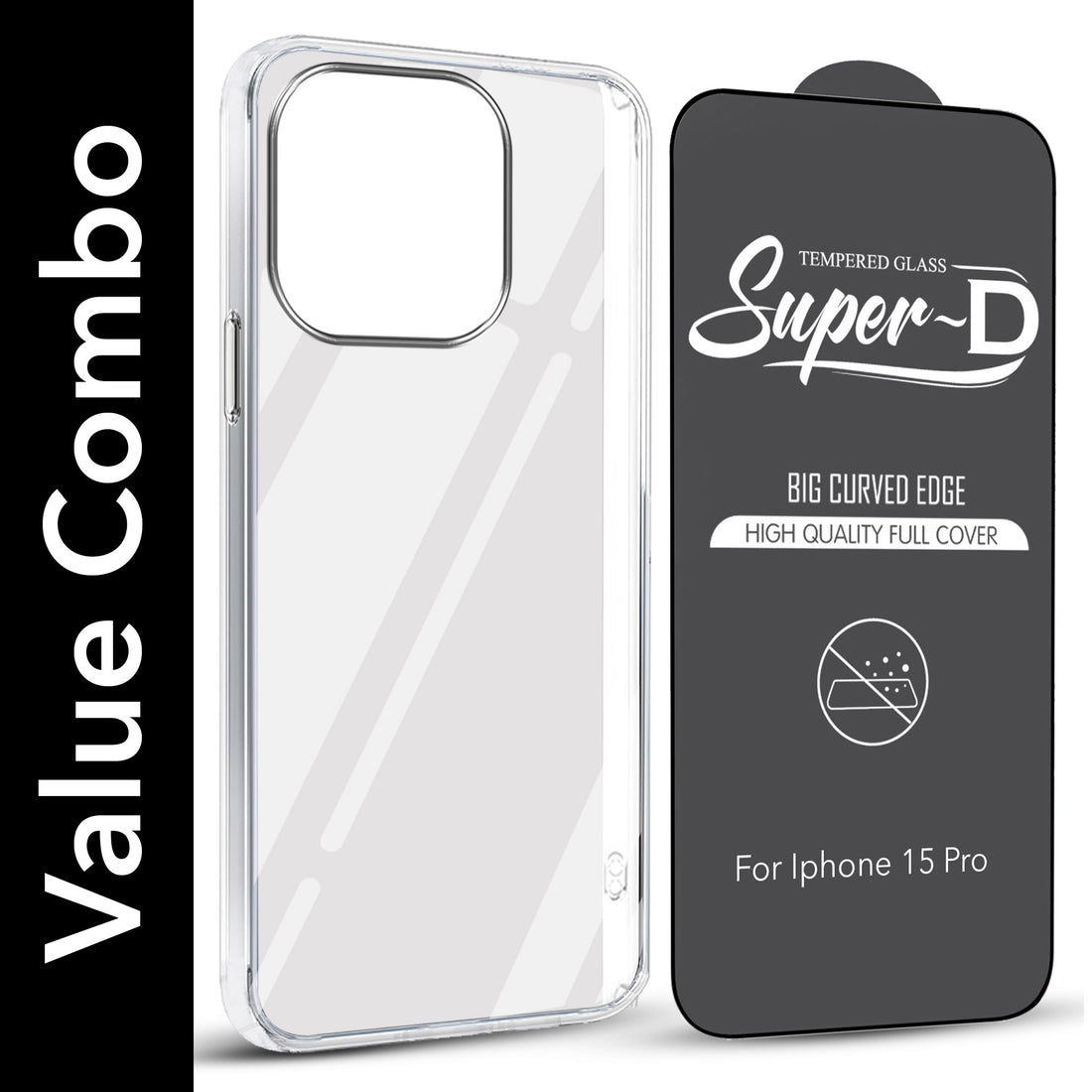 For Apple iPhone 15 Pro Combo with Back Cover and 9H Tempered Glass (Lifetime Anti-Yellow | Sleek Hard Crystal | Oleophobic Coating Screen Glass)
