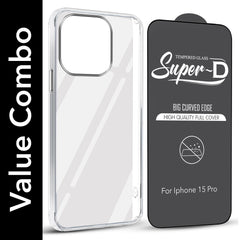 For Apple iPhone 15 Pro Combo with Back Cover and 9H Tempered Glass (Lifetime Anti-Yellow | Sleek Hard Crystal | Oleophobic Coating Screen Glass)