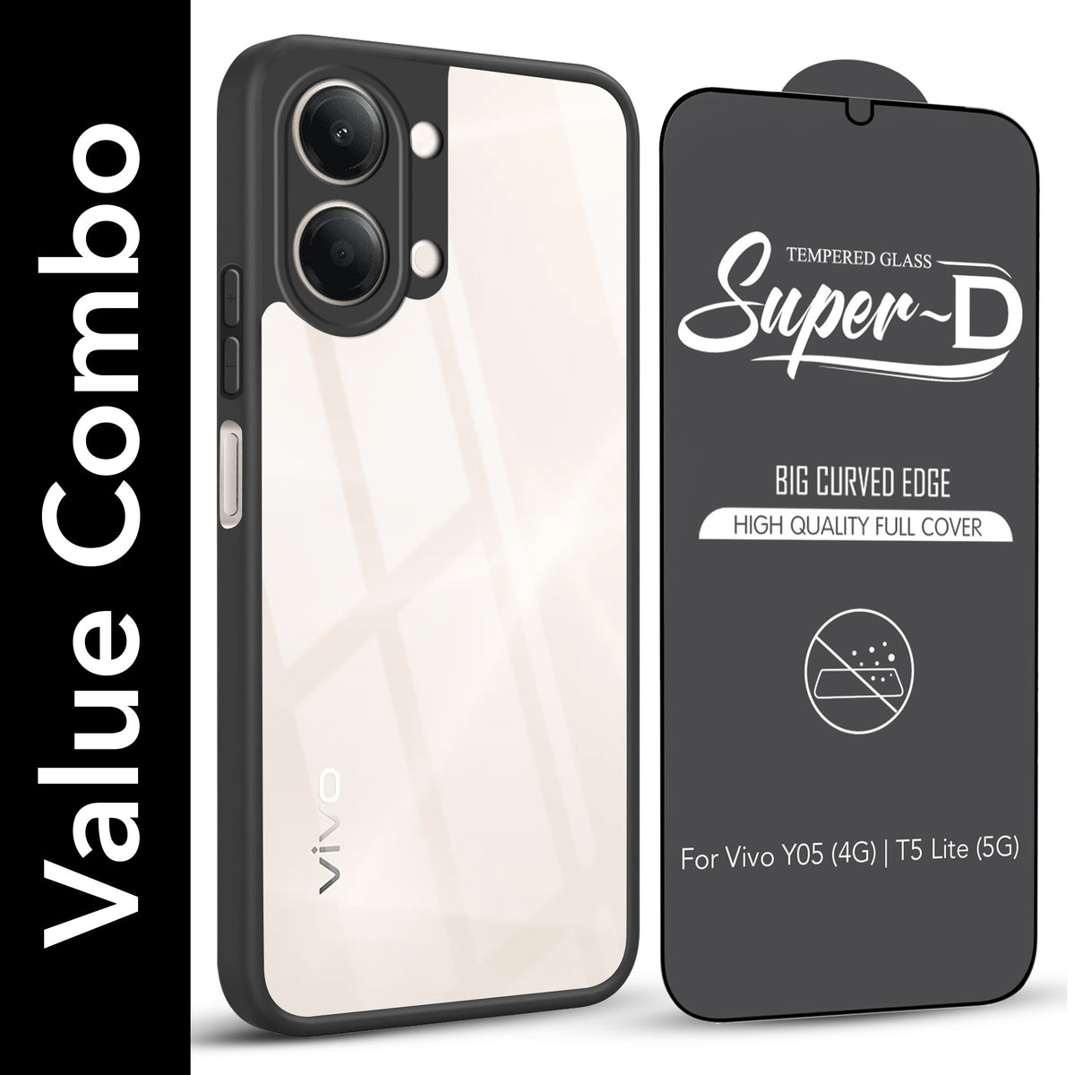 For Vivo Y05 (4G) | Vivo T5 Lite (5G)  Combo with Back Cover and 9H Tempered Glass (Lifetime Anti-Yellow | Crystal Clear Shockproof | Oleophobic Coating Screen Glass)