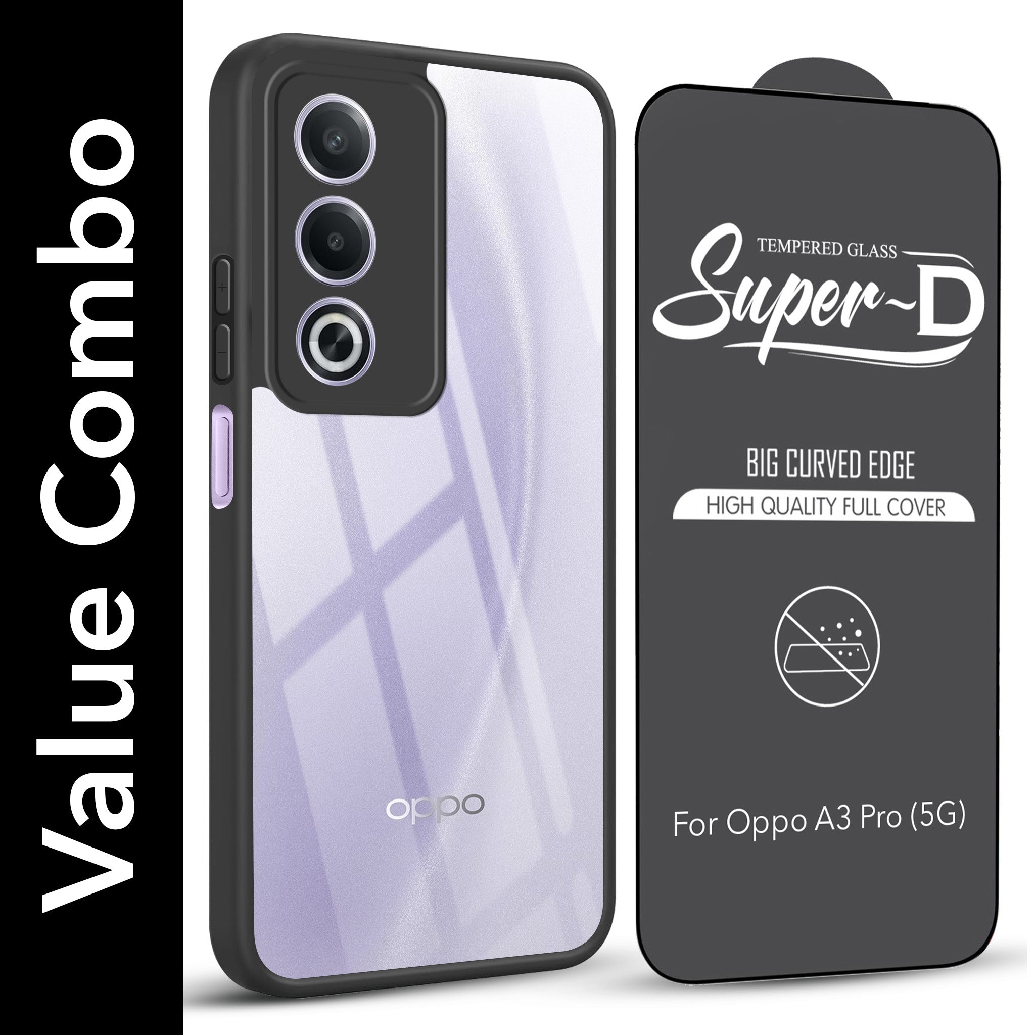 For Oppo A3 Pro 5G Combo with Back Cover and 9H Tempered Glass (Lifetime Anti-Yellow | Crystal Clear Shockproof | Oleophobic Coating Screen Glass)