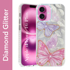 For Apple iPhone 16 Plus Back Cover Case (Luxury Floral Glitter Cute Butterfly | Diamond Studded Camera Bump | Girls & Women Design)