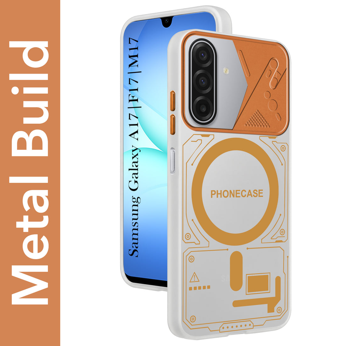 For Samsung Galaxy A17 | Samsung F17 | Samsung M17 5G Metallic Back Cover Case (Metallic Camera Protection & Buttons | Translucent Milky Shade | Hard Polycarbonate)