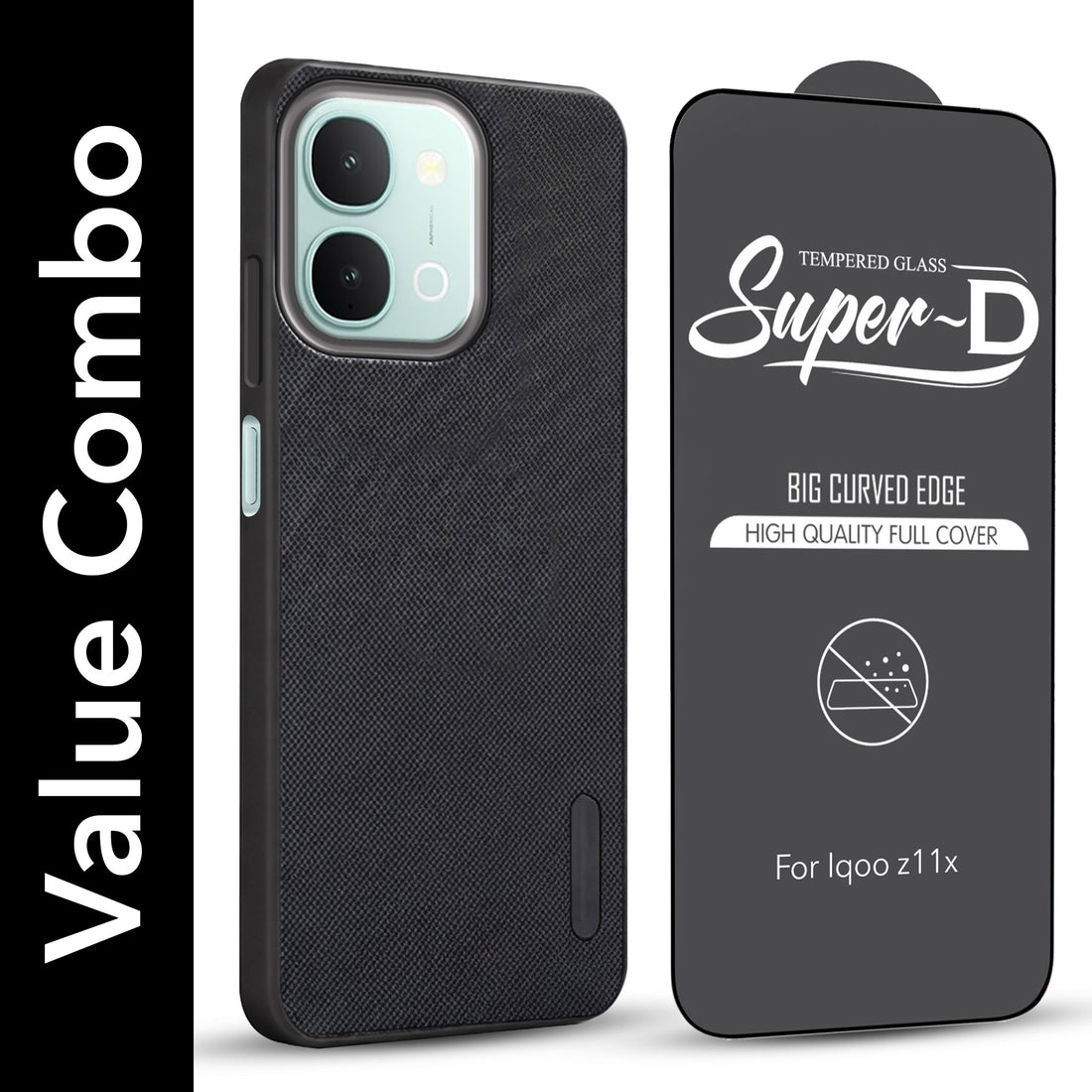For Vivo iQOO Z11x 5G Combo with Back Cover and 9H Tempered Glass (Textured Grip Design | Micro-Fiber Cloth Inside | Oleophobic Coating Screen Glass)