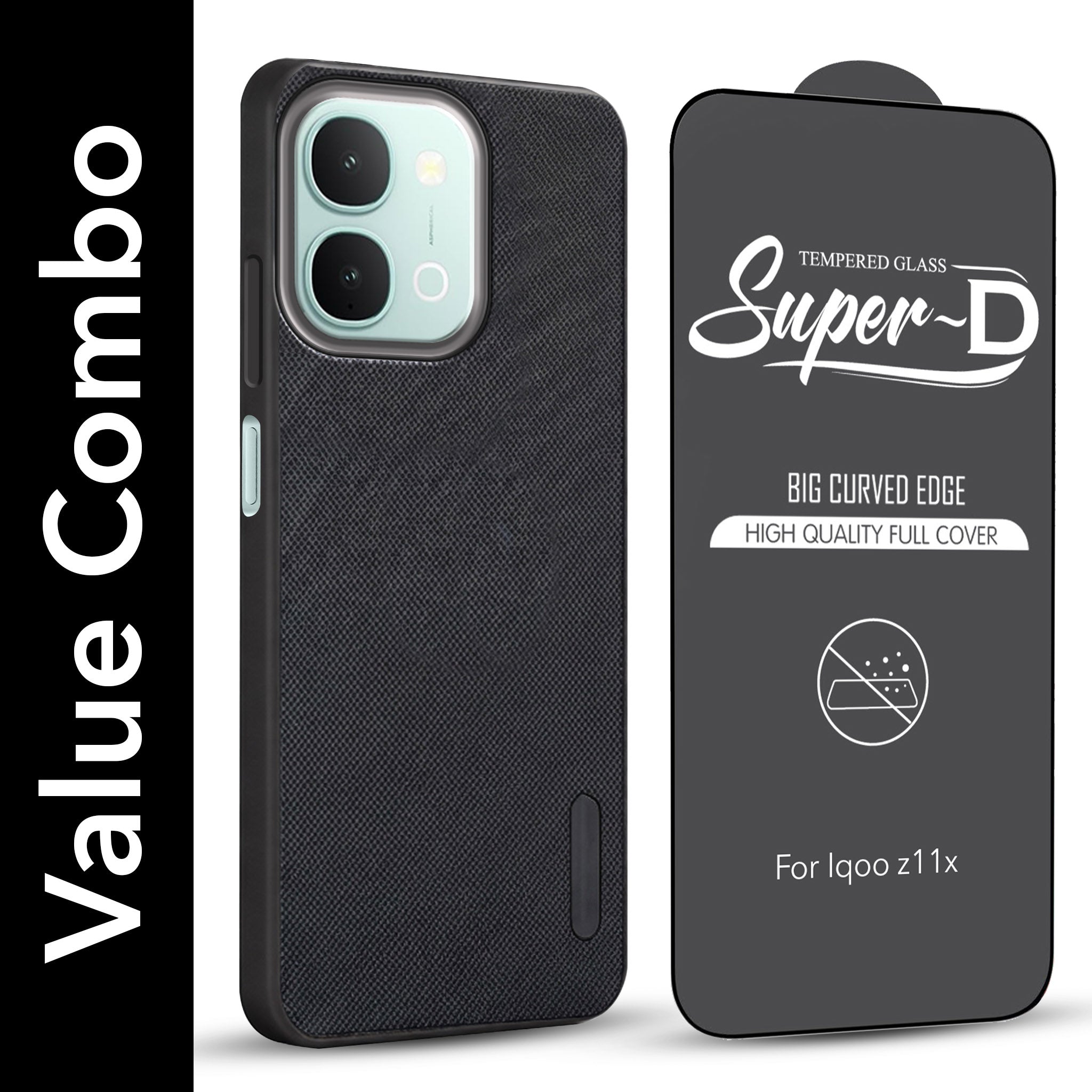 For Vivo iQOO Z11x 5G Combo with Back Cover and 9H Tempered Glass (Textured Grip Design | Micro-Fiber Cloth Inside | Oleophobic Coating Screen Glass)