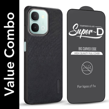 For Vivo iQOO Z11x 5G Combo with Back Cover and 9H Tempered Glass (Textured Grip Design | Micro-Fiber Cloth Inside | Oleophobic Coating Screen Glass)