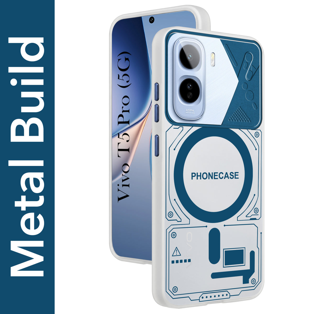 For Vivo T5 Pro 5G Metallic Back Cover Case (Metallic Camera Protection & Buttons | Translucent Milky Shade | Hard Polycarbonate)