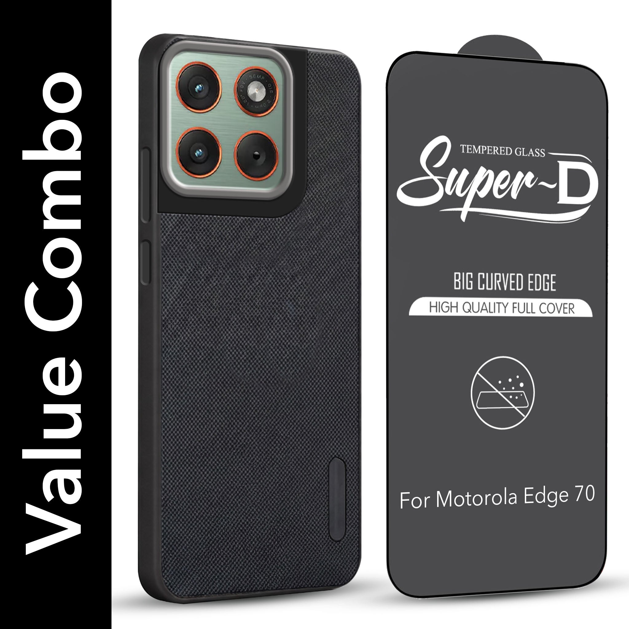 For Motorola Moto Edge 70 Combo with Back Cover and 9H Tempered Glass (Textured Grip Design | Micro-Fiber Cloth Inside | Oleophobic Coating Screen Glass)