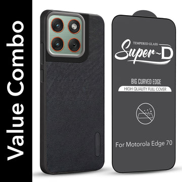 For Motorola Moto Edge 70 Combo with Back Cover and 9H Tempered Glass (Textured Grip Design | Micro-Fiber Cloth Inside | Oleophobic Coating Screen Glass)