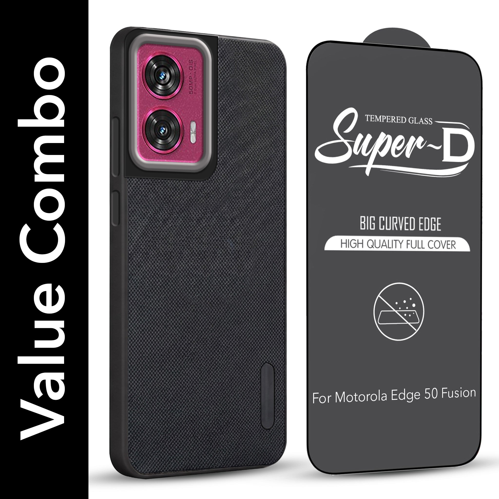 For Motorola Moto Edge 50 Fusion Combo with Back Cover and 9H Tempered Glass (Textured Grip Design | Micro-Fiber Cloth Inside | Oleophobic Coating Screen Glass)