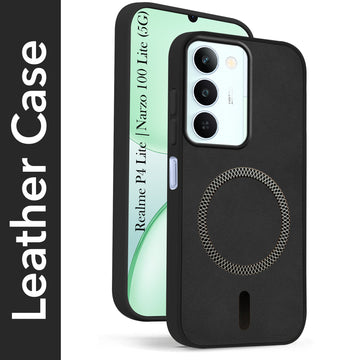 For Realme P4 Lite 5G | Narzo 100 Lite 5G Back Cover Case Leather Finish (MagSafe Compatible Wireless Charging | Soft Touch | Camera Bump Protection)