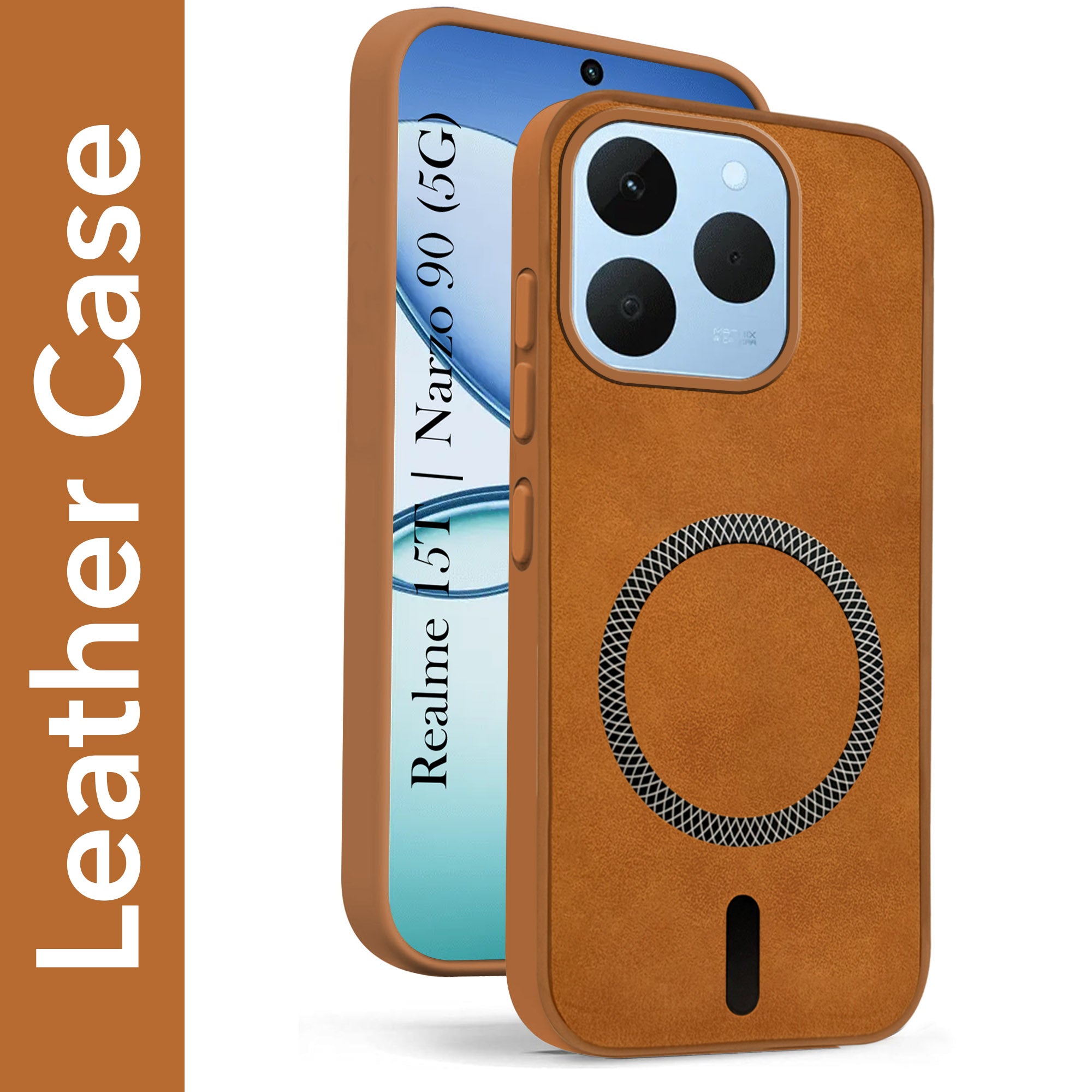 For Realme 15T | Realme Narzo 90 Back Cover Case Leather Finish (MagSafe Compatible Wireless Charging | Soft Touch | Camera Bump Protection)