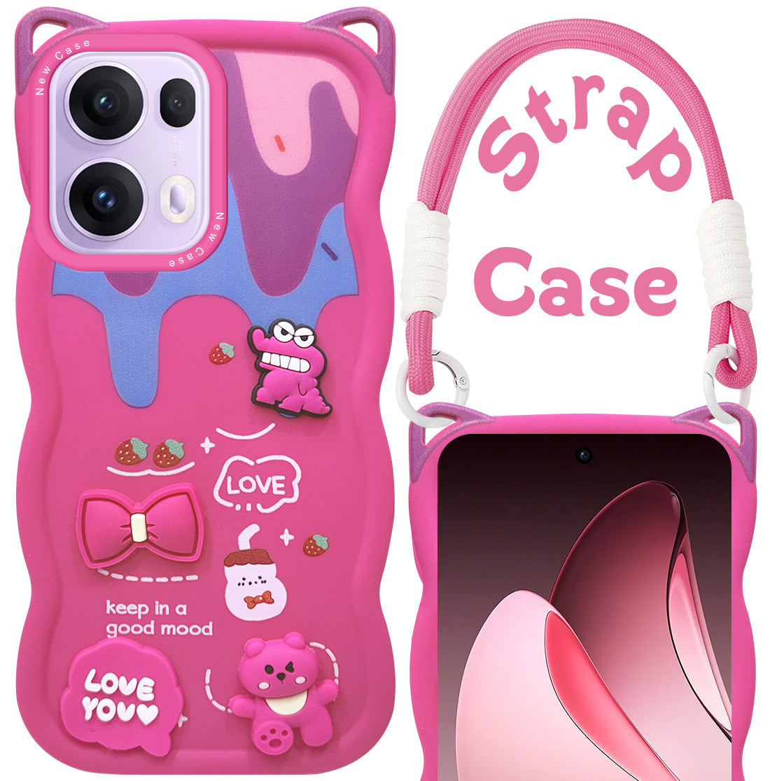 For Oppo Reno13 Pro 5G | Oppo Reno 13 Pro 5G Back Case Cover Strap (3D embossed Figures | Strap Holder | 360* Soft Cushion with Camera Bump)