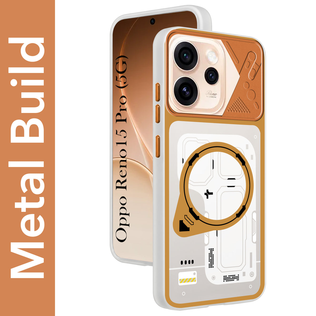 For Oppo Reno15 Pro 5G | Oppo Reno 15 Pro 5G Metallic Back Cover Case (Metallic Camera Protection & Buttons | Translucent Milky Shade | Hard Polycarbonate)
