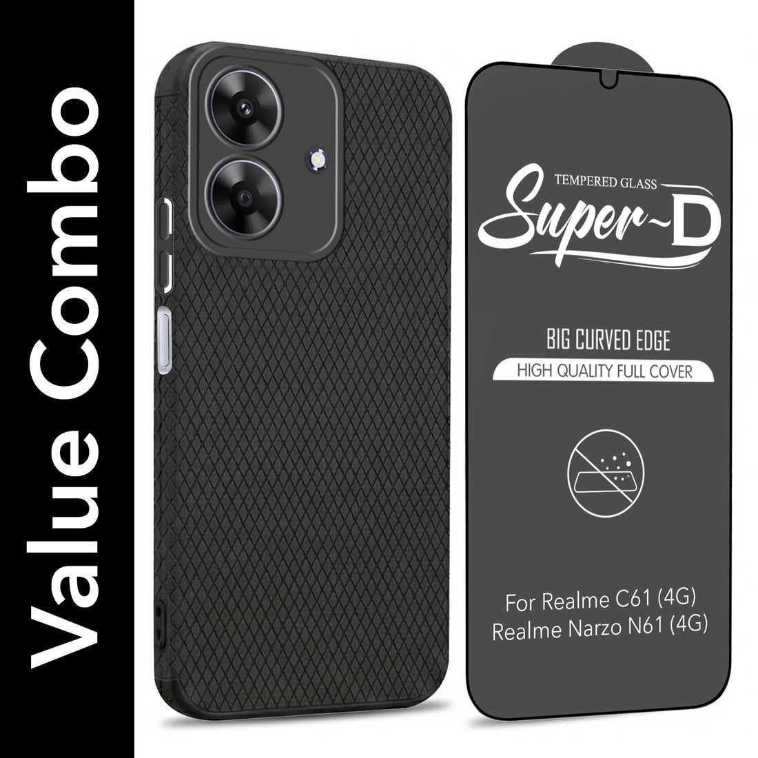 For Realme C61 | Realme Narzo N61 Combo with Back Cover and 9H Tempered Glass (Liquid Silicone | Camera Protection | Oleophobic Coating Screen Glass)