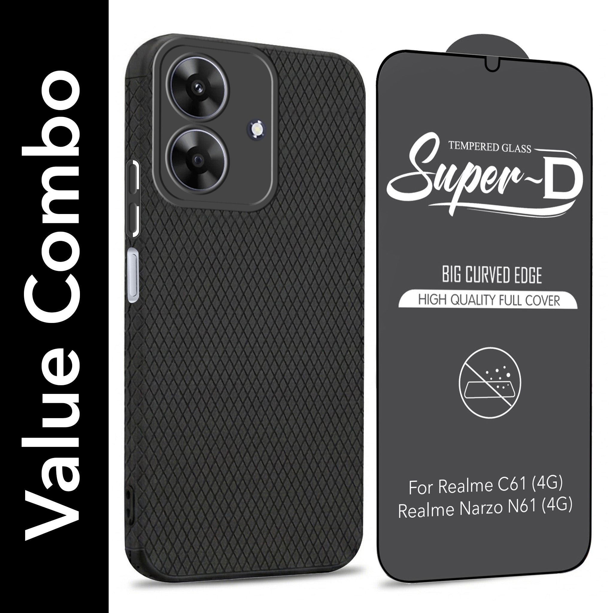 For Realme C61 | Realme Narzo N61 Combo with Back Cover and 9H Tempered Glass (Liquid Silicone | Camera Protection | Oleophobic Coating Screen Glass)