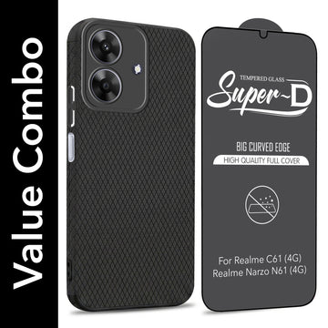 For Realme C61 | Realme Narzo N61 Combo with Back Cover and 9H Tempered Glass (Liquid Silicone | Camera Protection | Oleophobic Coating Screen Glass)