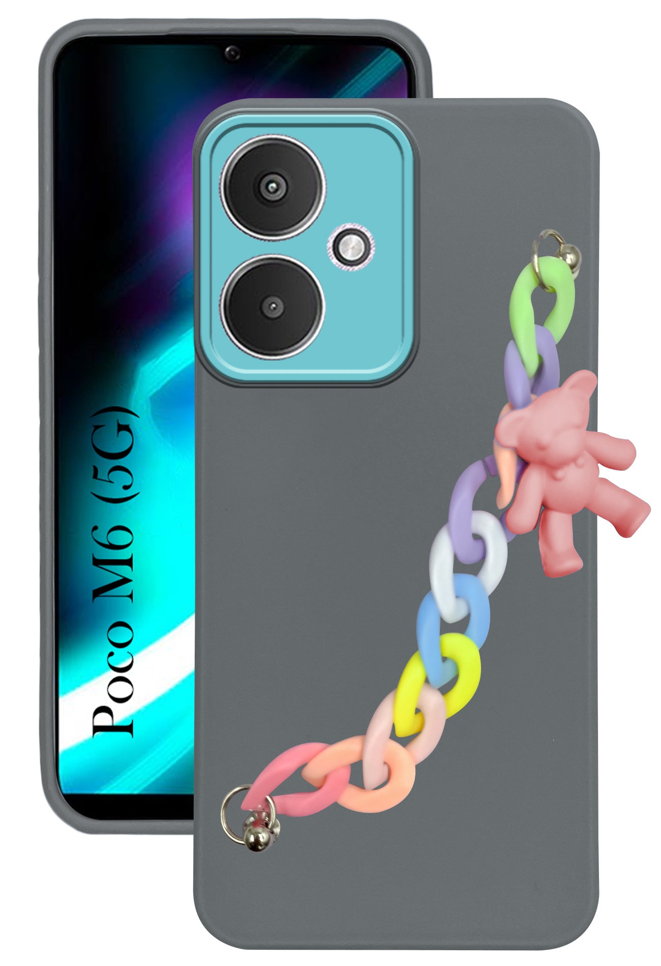 For Poco M6 5G Back Cover Case (Wrist Hanging Chain | Teddy Bracelet Charms | Dual Color Matte Finish | Full Camera Protection | Sleek and Professional)