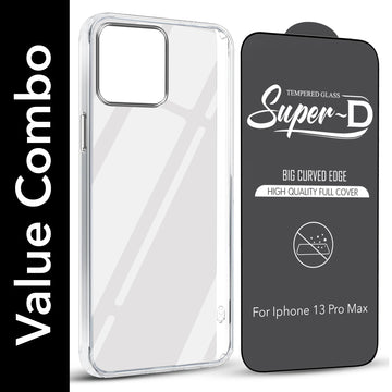 For Apple iPhone 13 Pro Max Combo with Back Cover and 9H Tempered Glass (Lifetime Anti-Yellow | Sleek Hard Crystal | Oleophobic Coating Screen Glass)