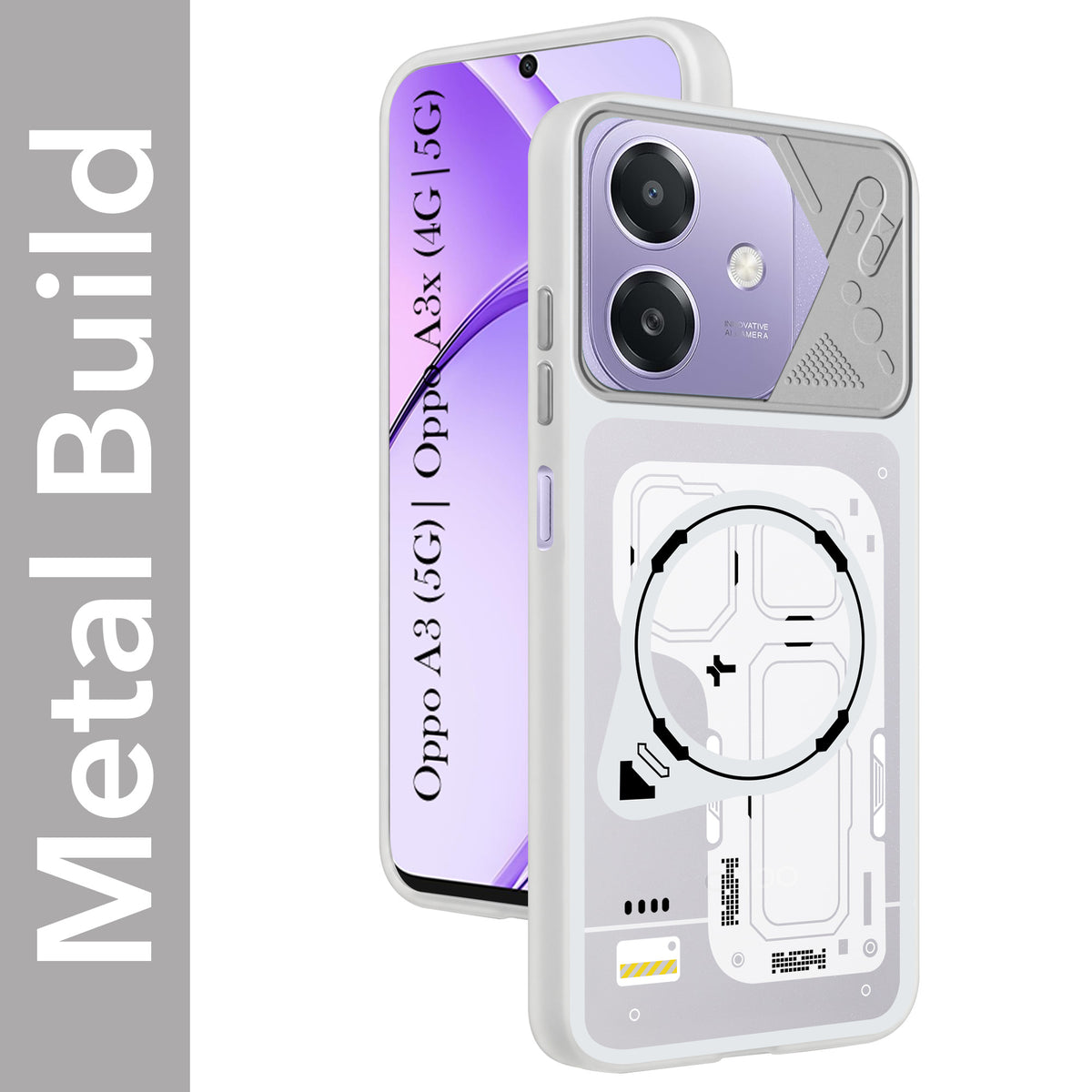 For Oppo A3X (4G/5G) | Oppo A3 5G Metallic Back Cover Case (Metallic Camera Protection & Buttons | Translucent Milky Shade | Hard Polycarbonate)