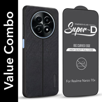For Realme Narzo 70x 5G Combo with Back Cover and 9H Tempered Glass (Textured Grip Design | Micro-Fiber Cloth Inside | Oleophobic Coating Screen Glass)