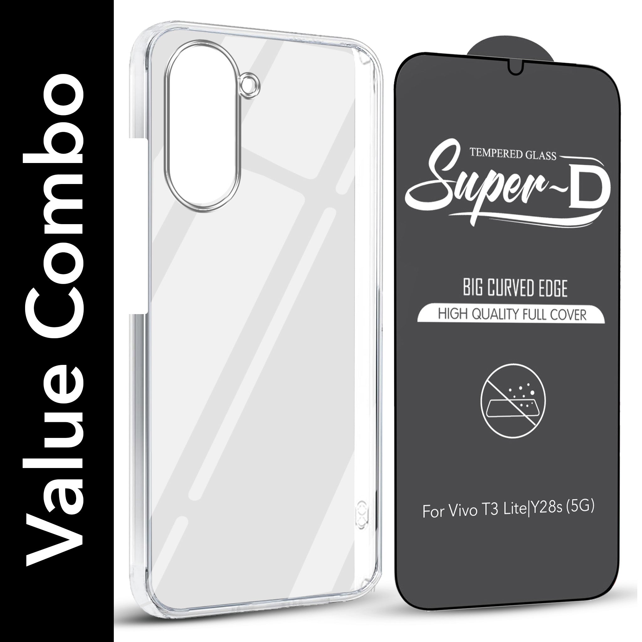 For Vivo Y28s 5G | Vivo T3 Lite 5G Combo with Back Cover and 9H Tempered Glass ( Lifetime Anti-Yellow | Sleek Hard Crystal | Oleophobic Coating Screen Glass)