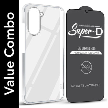 For Vivo Y28s 5G | Vivo T3 Lite 5G Combo with Back Cover and 9H Tempered Glass ( Lifetime Anti-Yellow | Sleek Hard Crystal | Oleophobic Coating Screen Glass)