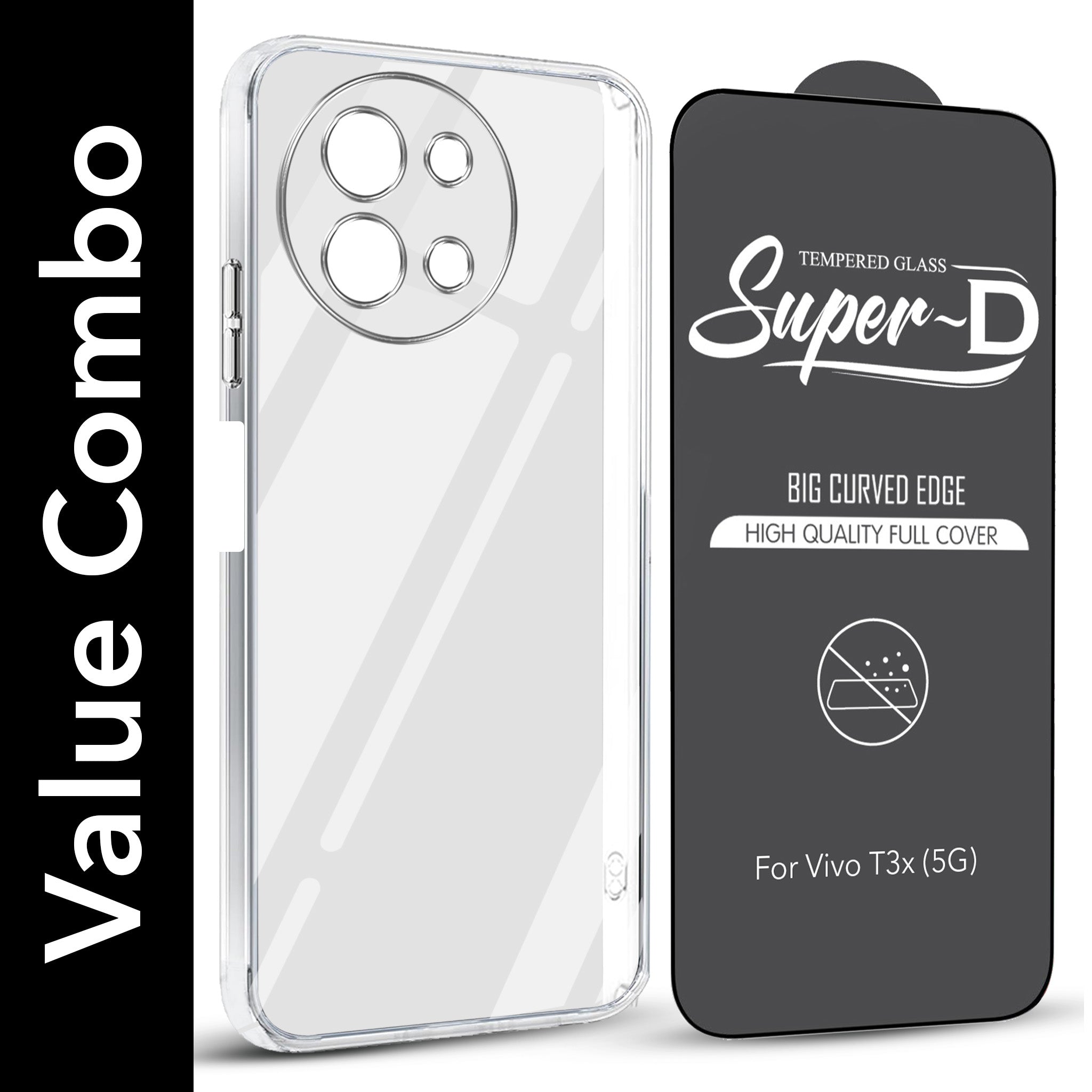 For Vivo T3X 5G Combo with Back Cover and 9H Tempered Glass (Lifetime Anti-Yellow | Sleek Hard Crystal | Oleophobic Coating Screen Glass)