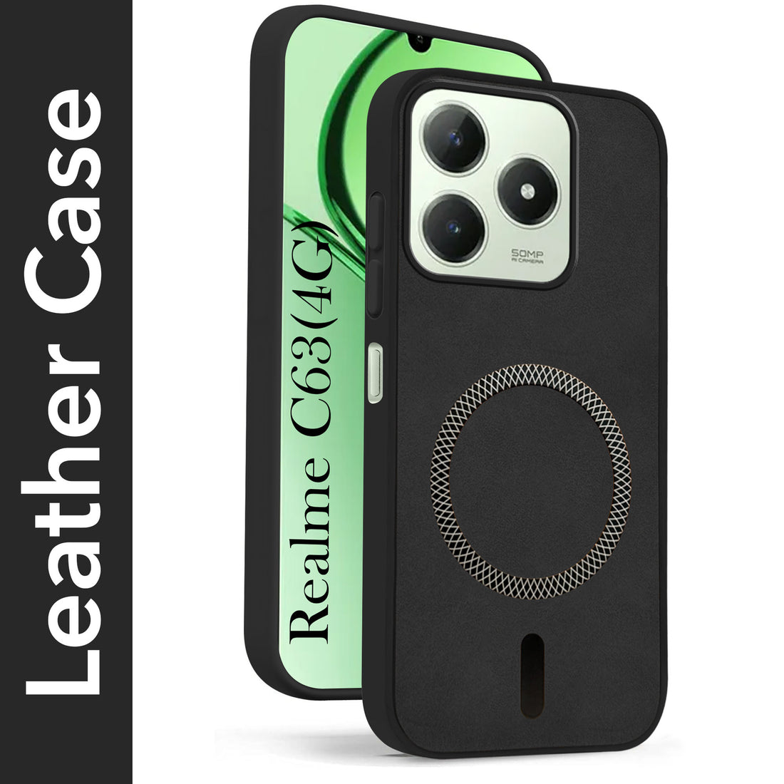For Realme C63 4G Back Cover Case Leather Finish (MagSafe Compatible Wireless Charging | Soft Touch | Camera Bump Protection)