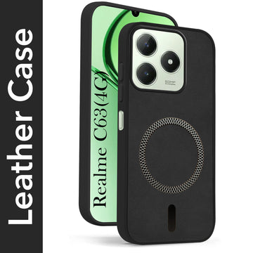 For Realme C63 4G Back Cover Case Leather Finish (MagSafe Compatible Wireless Charging | Soft Touch | Camera Bump Protection)