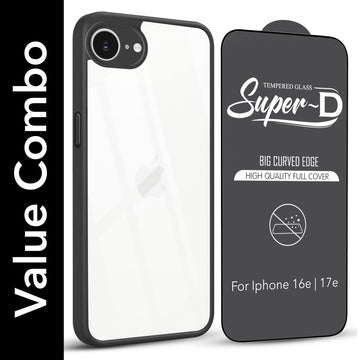 For Apple iPhone 16e | iPhone 17e Combo with Back Cover and 9H Tempered Glass (Lifetime Anti-Yellow | Crystal Clear Shockproof | Oleophobic Coating Screen Glass)