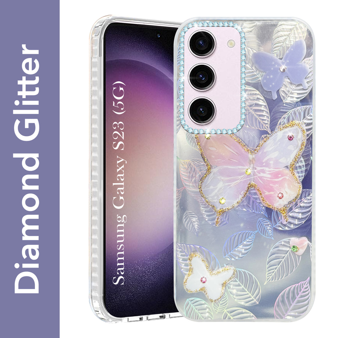 For Samsung Galaxy S23 5G Back Cover Case (Luxury Floral Glitter Cute Butterfly | Diamond Studded Camera Bump | Girls & Women Design)