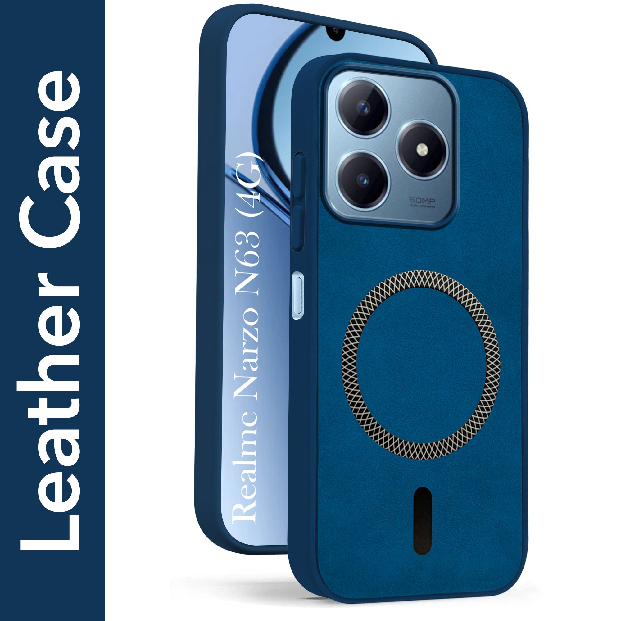 For Realme Narzo N63 Back Cover Case Leather Finish (MagSafe Compatible Wireless Charging | Soft Touch | Camera Bump Protection)