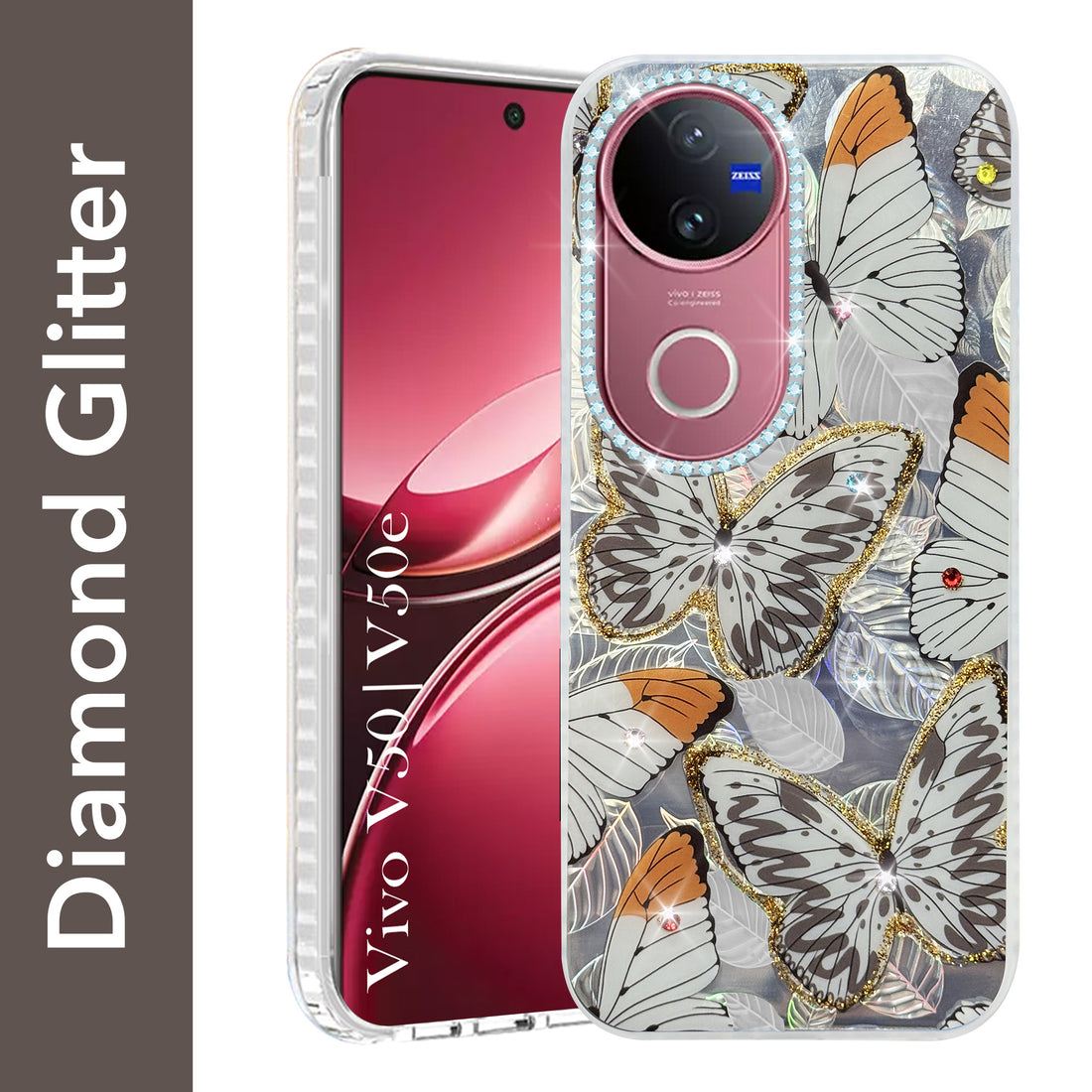 For Vivo V50 | Vivo V50e Back Cover Case (Luxury Floral Glitter Cute Butterfly | Diamond Studded Camera Bump | Girls & Women Design)