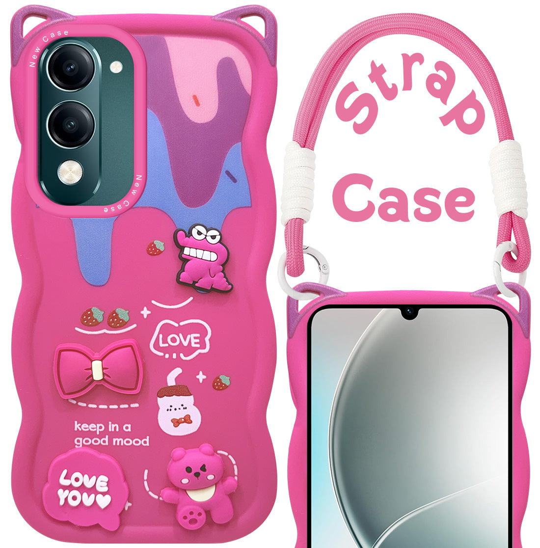 For Vivo Y19 | Vivo Y19e | Vivo T4 Lite Back Case Cover Strap (3D Embossed Figures | Strap Holder | 360* Soft Cushion with Camera Bump)