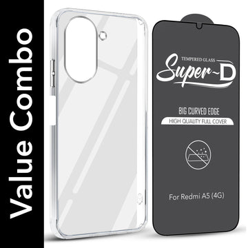 For Redmi A5 4G Combo with Back Cover and 9H Tempered Glass (Lifetime Anti-Yellow | Sleek Hard Crystal | Oleophobic Coating Screen Glass)