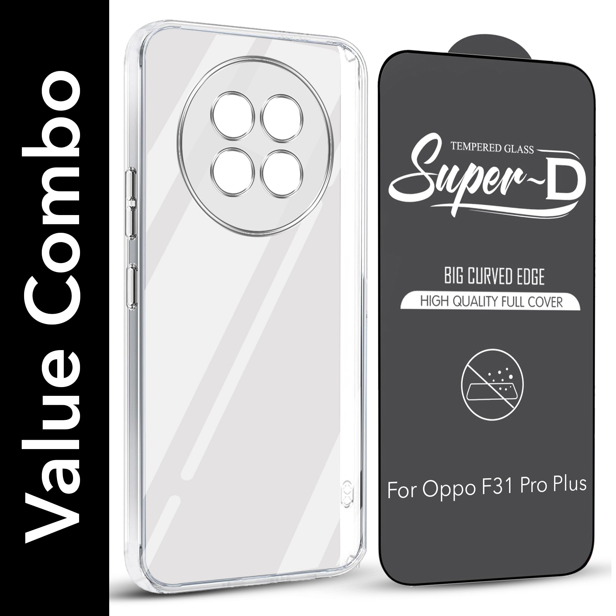 For Oppo F31 Pro Plus Combo with Back Cover and 9H Tempered Glass (Lifetime Anti-Yellow | Sleek Hard Crystal | Oleophobic Coating Screen Glass)