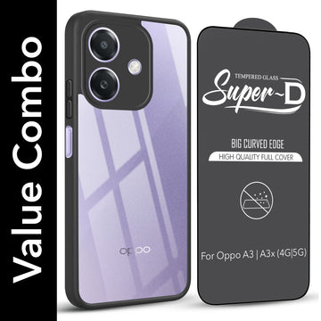 For Oppo A3X (4G/5G) | Oppo A3 5G Combo with Back Cover and 9H Tempered Glass (Lifetime Anti-Yellow | Crystal Clear Shockproof | Oleophobic Coating Screen Glass)