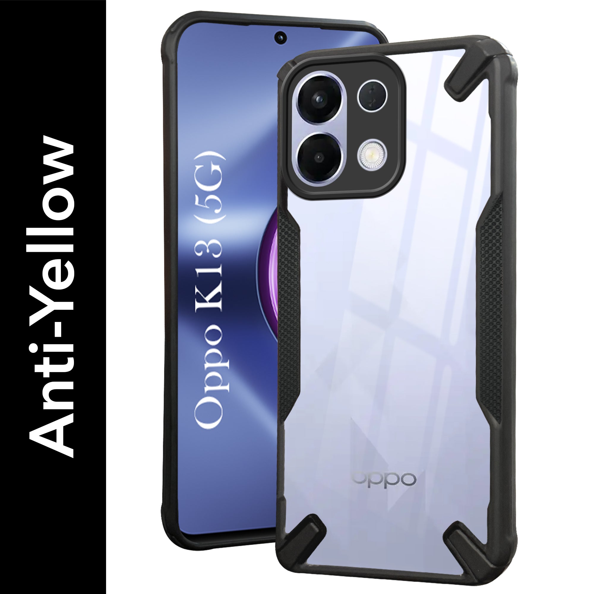 For Oppo K13 Back Cover Case (Hybrid Crystal | Ultimate Shockproof Bumpers | Anti Yellow | Rugged Armor | Black )